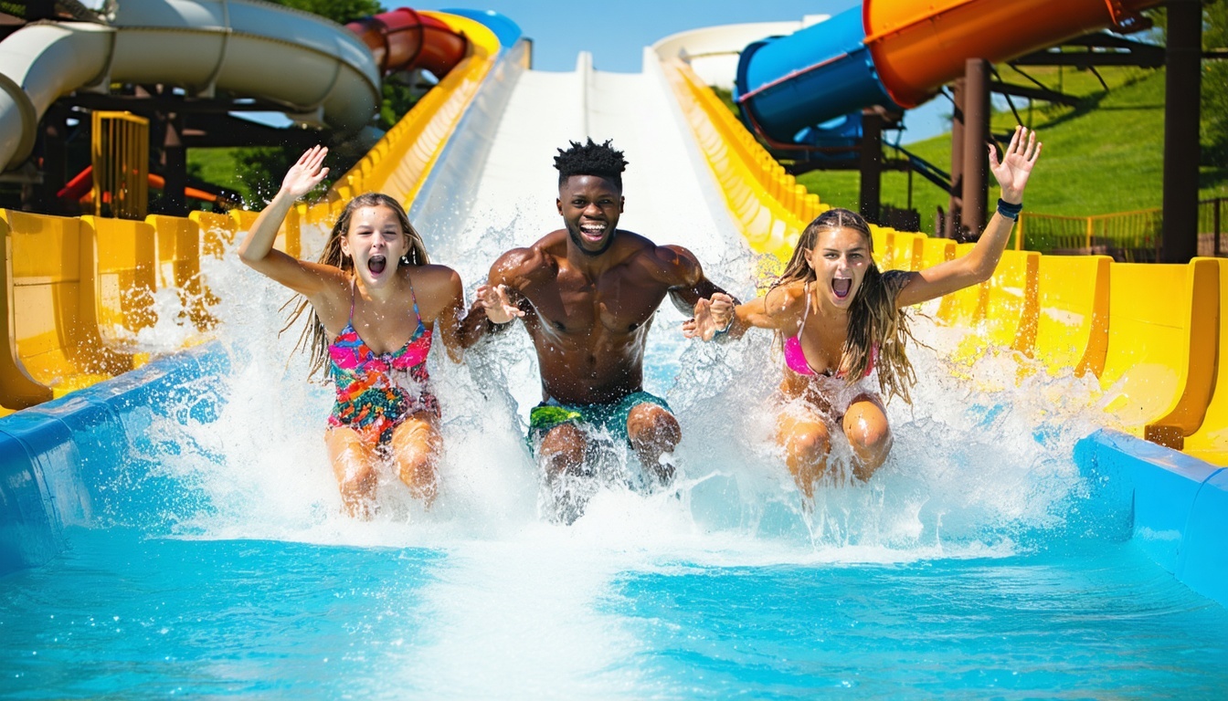 Group of friends enjoying a water park attraction