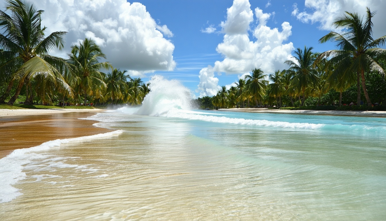 Peaceful wave pool surrounded by palm trees