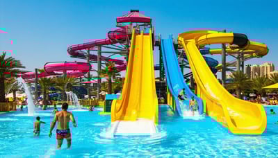 A vibrant water park scene in Dubai featuring exciting slides, wave pools, and families enjoying the attractions. A vibrant water park scene in Dubai featuring exciting slides, wave pools, and families enjoying the attractions.